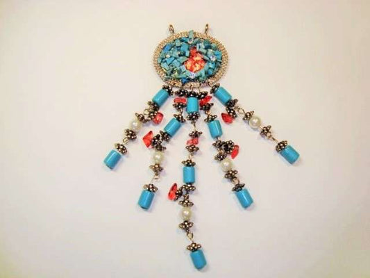 10 metal & bead pendant silver and turquoise 4.5cm x 15cm clearance