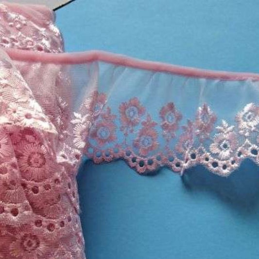 25 metres of light pink gathered tulle embroidered lace 60mm wide