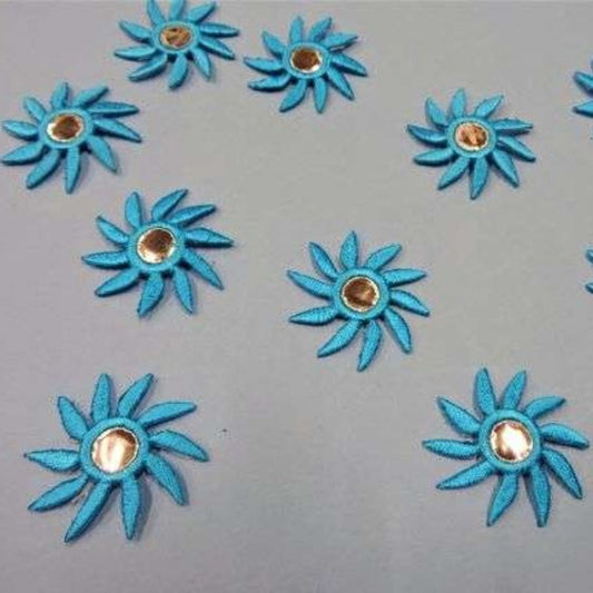 10 turquoise iron on embroidered motifs sun design with mirror type centre size 35mm clearance