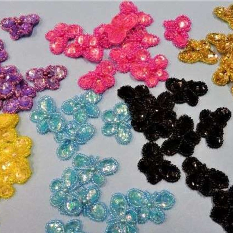 10 iron on sequin and bead small butterfly motifs size 30mm x 20mm choice of colour clearance