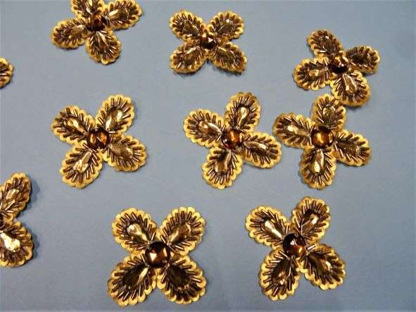 10 gold colour flower design iron on motifs with sequins, beads and acrylic stones size 60mm clearance
