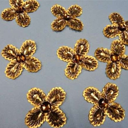 10 gold colour flower design iron on motifs with sequins, beads and acrylic stones size 60mm clearance