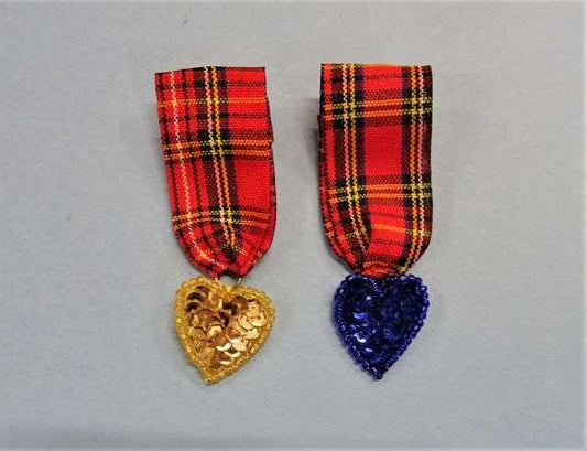 10 Red Tartan ribbon with sequin heart brooch choice of colour 25mm x 70mm clearance