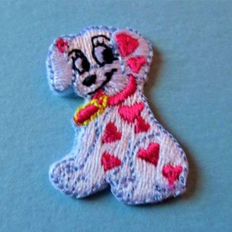 10 iron on embroidered small dog motifs with red hearts and collar size 25mm x 22mm clearance