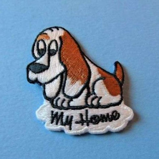 10 iron on embroidered white and brown floppy eared dog motifs with MY HOME size 55mm x 45mm clearance