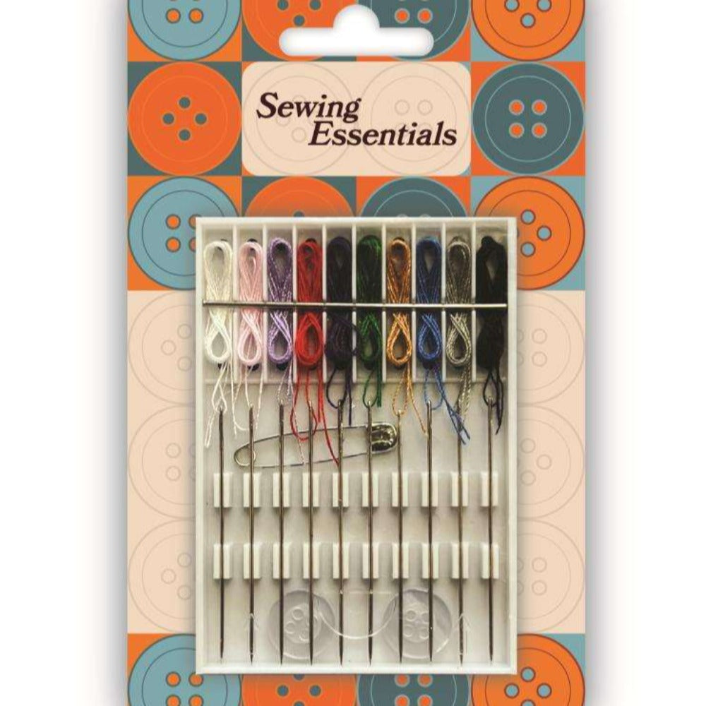 Threaded Needle Kit with 10 needles and thread, a safety pin and 2 white buttons