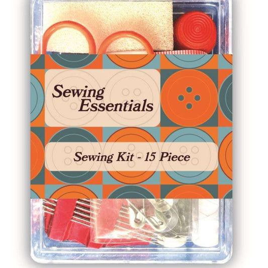Travel Sewing Kit with small pair of scissors, tape measure, thimble, assorted sewing thread, 2 needles, 2 safety pins, 2 straight pins, and a needle threader