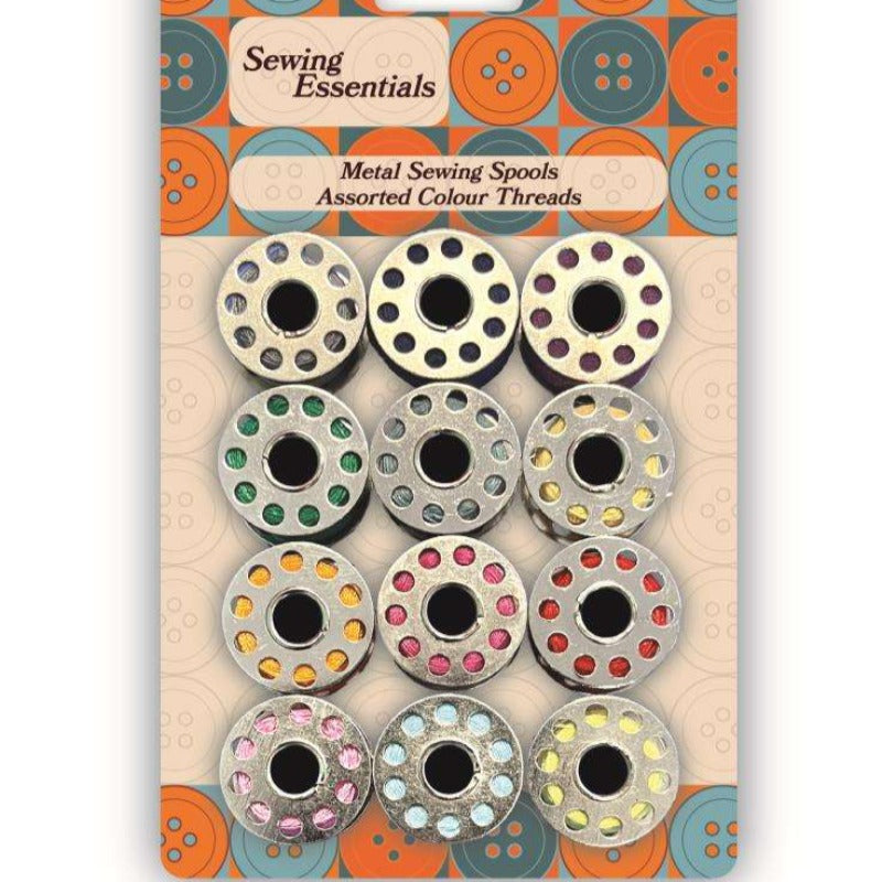 2 cards of 12 metal spools with sewing thread 30 metre on each [ one card assorted colours and one card black and white ]