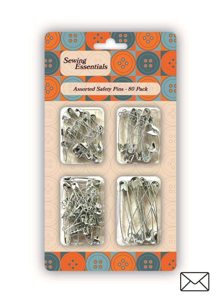 2 cards of assorted size safety pins [ one card of 80 silver colour and one of 80 gold colour ]