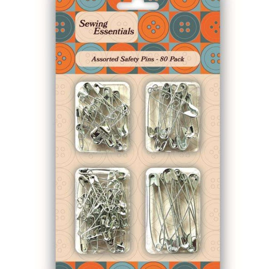 Card of 80 assorted size safety pins, one card silver colour