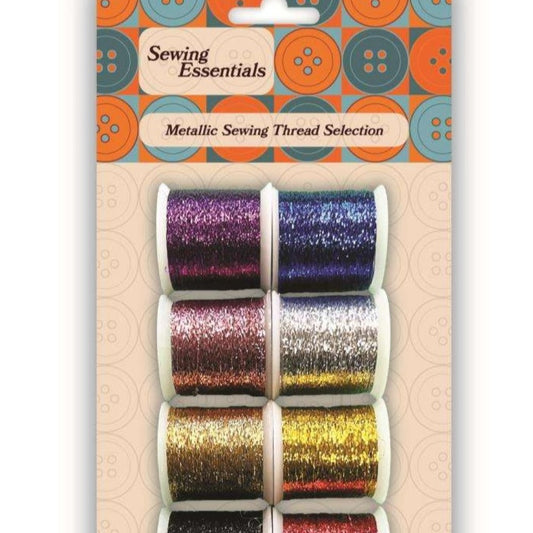 Card of 8 reels of metallic sewing thread assorted colours