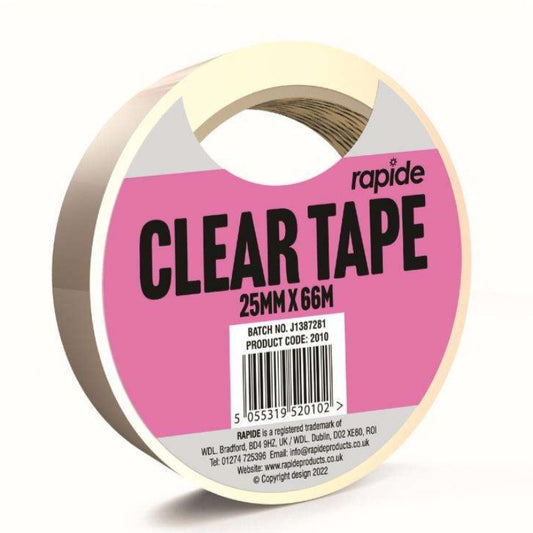 Pack of one reel of clear sticky tape 25mm wide with 66 metres long