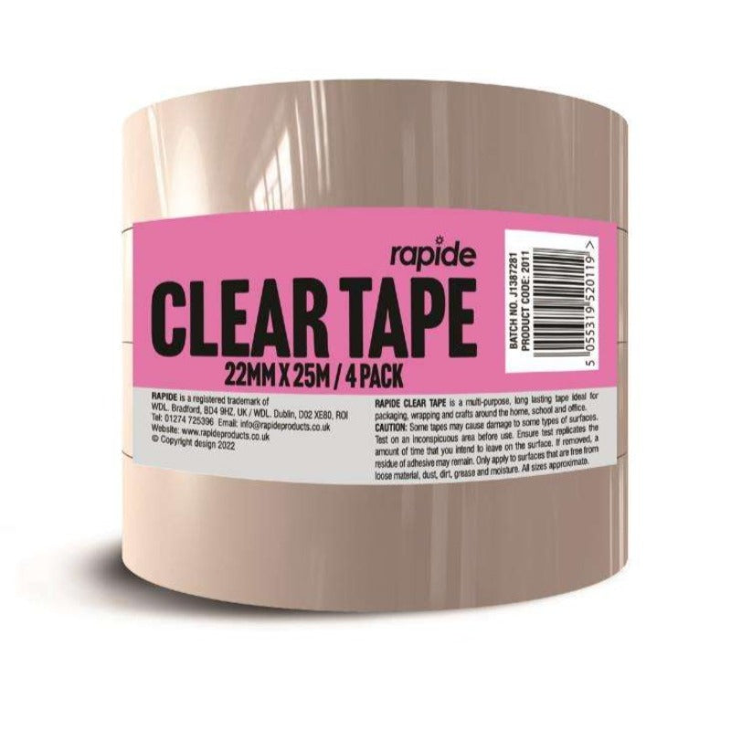 4 pack of clear sticky tape 22mm wide with 25 metres on each roll