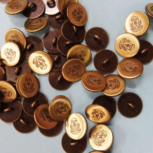 50 Dark Gold coloured metal buttons with shield design size 20mm clearance