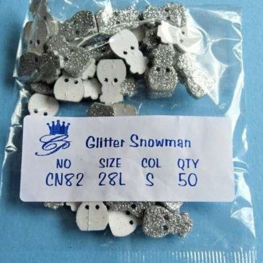 50 Glitter Snowman 2 hole buttons Silver colour size 18mm x 11mm NEW