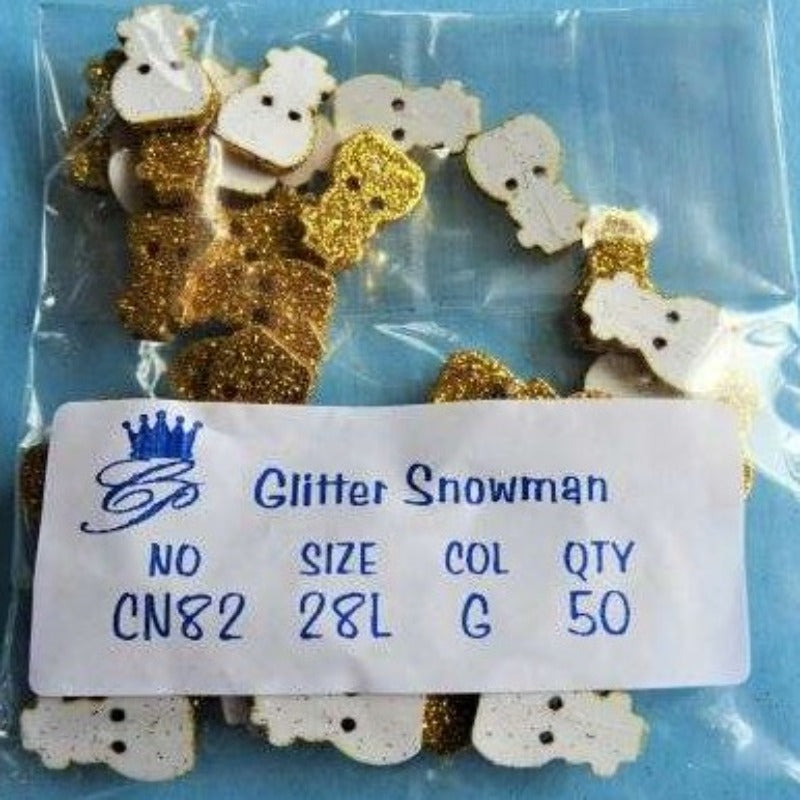 50 Glitter Snowman 2 hole buttons colour Gold size 18mm x 11mm NEW