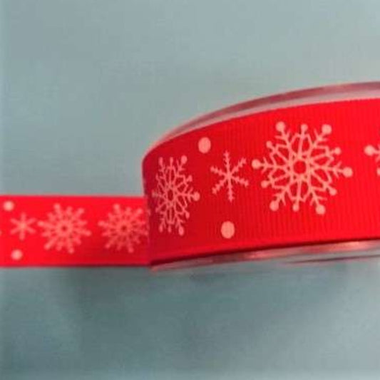 20mts red grosgrain ribbon with white snow flake 25mm