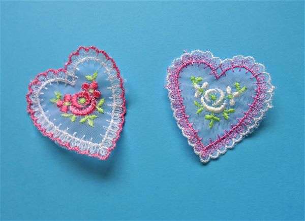 10 white lace heart sew on motifs with rose design size 50mm clearance