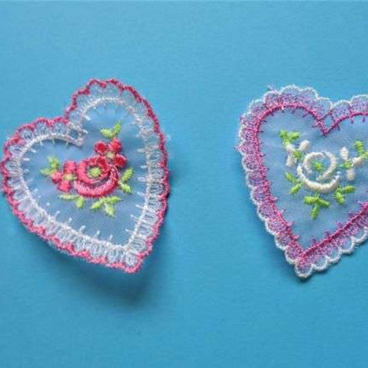 10 white lace heart sew on motifs with rose design size 50mm clearance