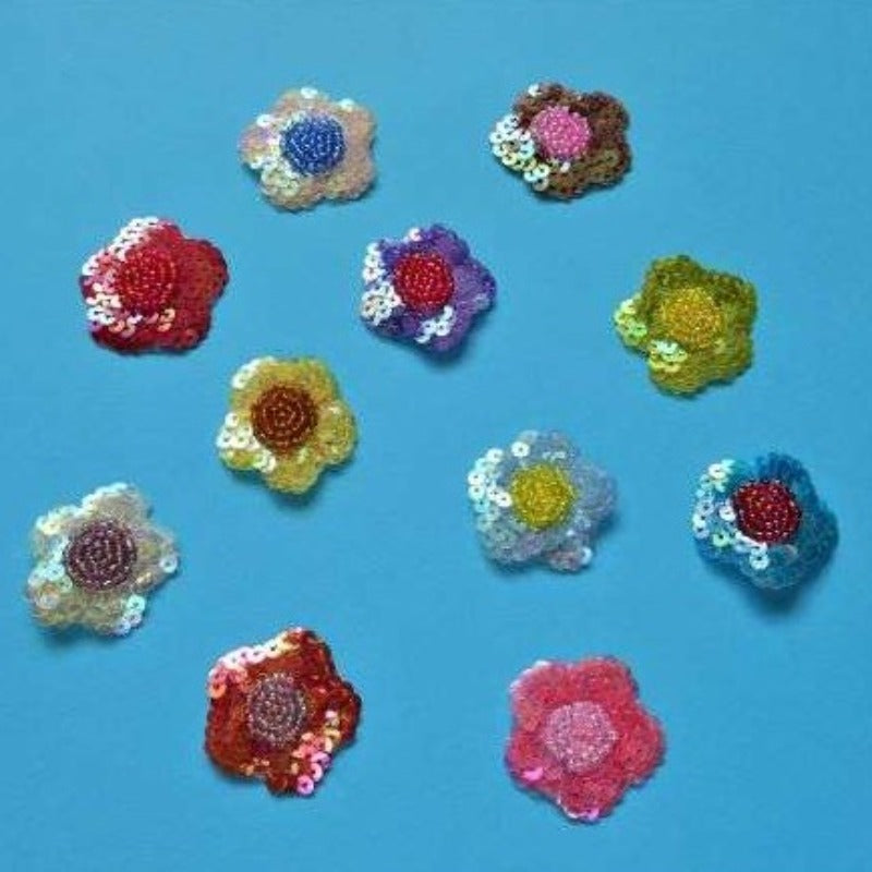10 iron on sequin and bead flower motifs size 35mm choice of colour clearance