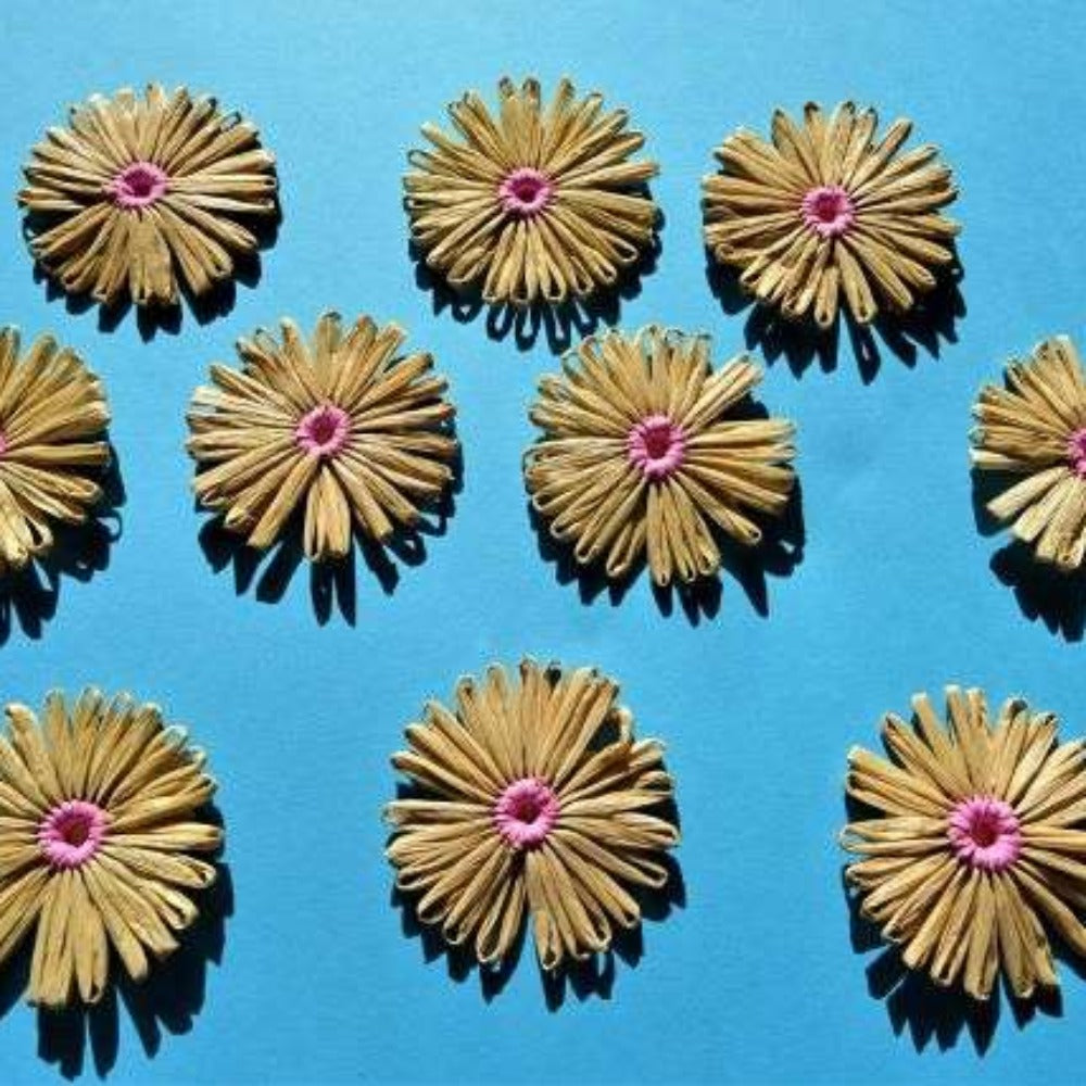 10 straw type flowers 55mm with PINK centre [ sticky tape on the back ] clearance