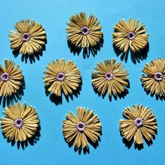 10 straw type flowers 55mm with lilac centre [ sticky tape on the back ] clearance