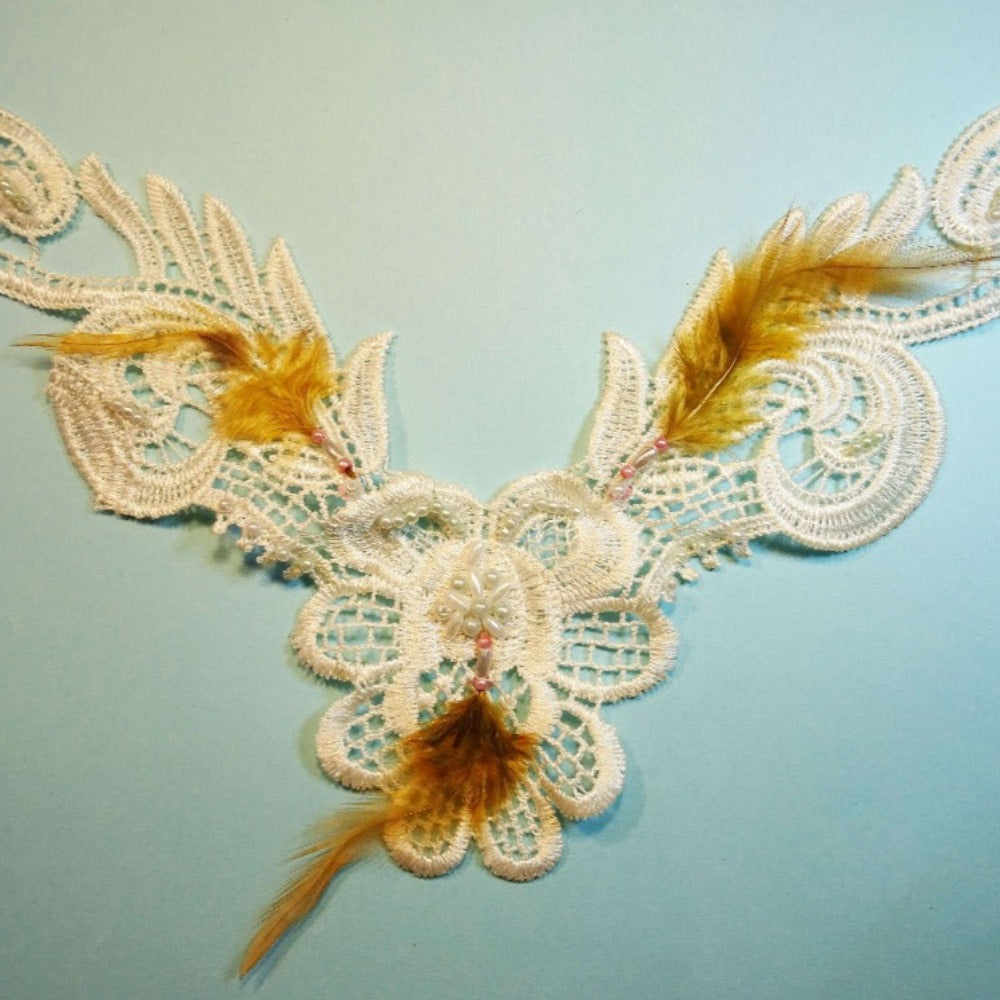 5 Guipure Ivory motif with beads feathers and sequins 22cm x 15cm clearance