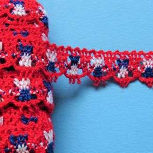20 metres of red lace with white and royal blue 18mm wide clearance