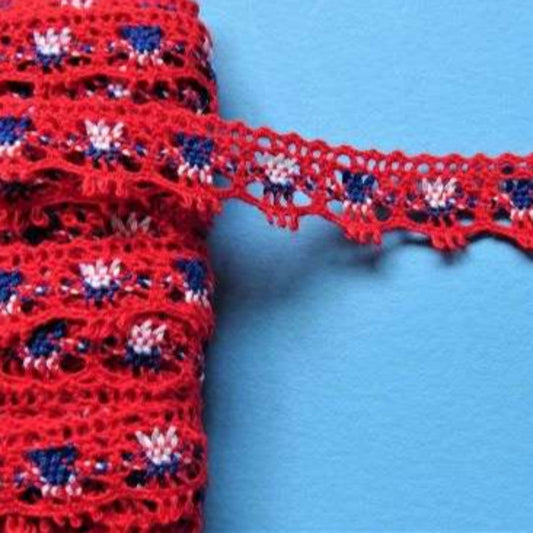 20 metres of red lace with white and royal blue 15mm wide clearance