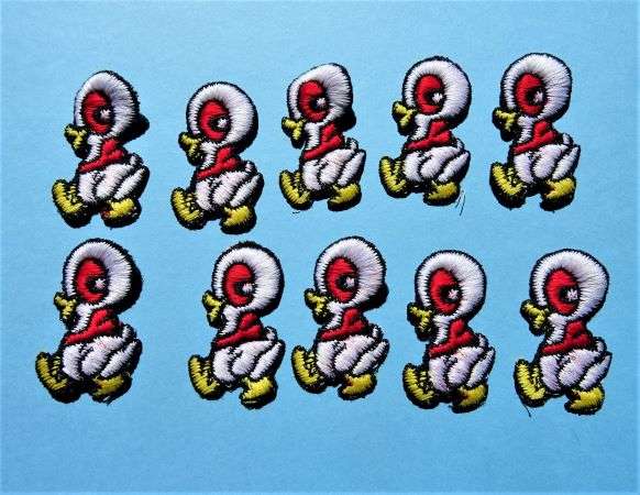 10 sew on embroidered duck motifs with red eyes size 45mm x 25mm clearance