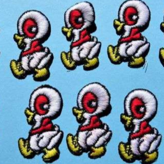 10 sew on embroidered duck motifs with red eyes size 45mm x 25mm clearance