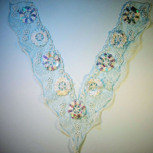 Fine lace motif with sequins light turquoise 25cm x 30cm x 6cm clearance