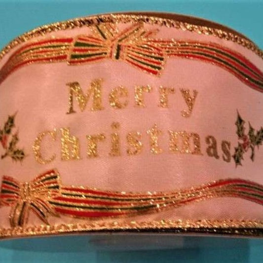 Christmas design ribbon Merry Christmas cream / gold wired edge 60mm wide