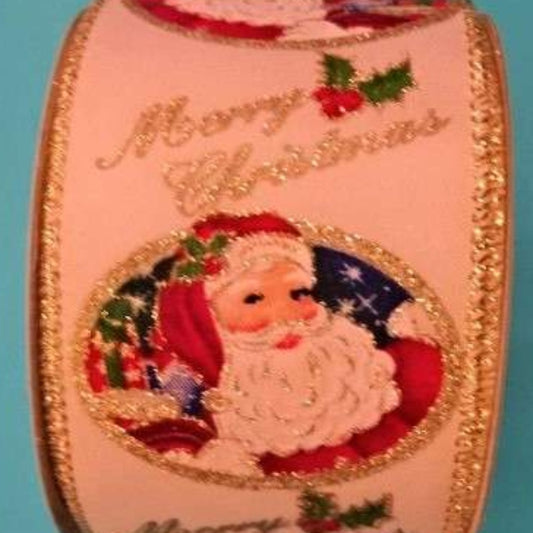 Christmas design ribbon Santa with Merry Christmas wired edge 60mm wide